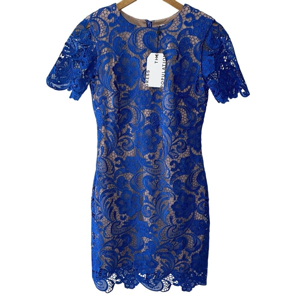 Dress the Population Dress Women Small Blue Anna Crochet Lace Sheath New